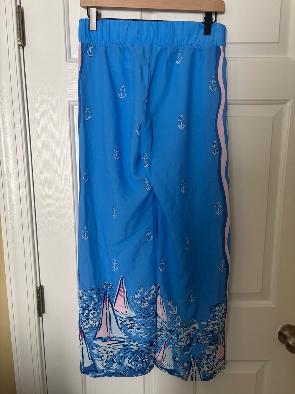 Lilly Pulitzer Bright Blue Sailboat Wide Leg Pants with Pink Trim Size XS